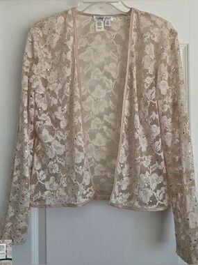 Coldwater Creek Womens Lace Sequins Open Front Cardigan Jacket Cream Size 14